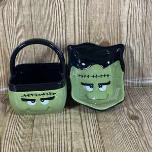Halloween Frankenstein Monster Candy Bowl Dish And Basket With Handle Ceramic